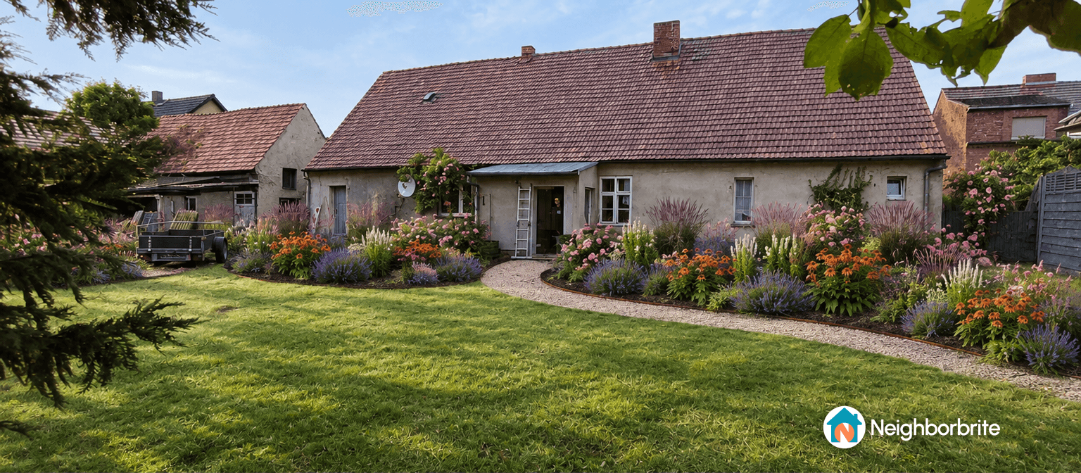 A beautiful terrace with a small tree, grasses, and lavender plants.
