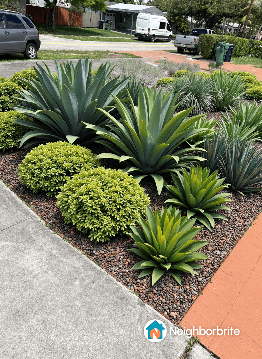Lush front yard with various green plants and gravel.
