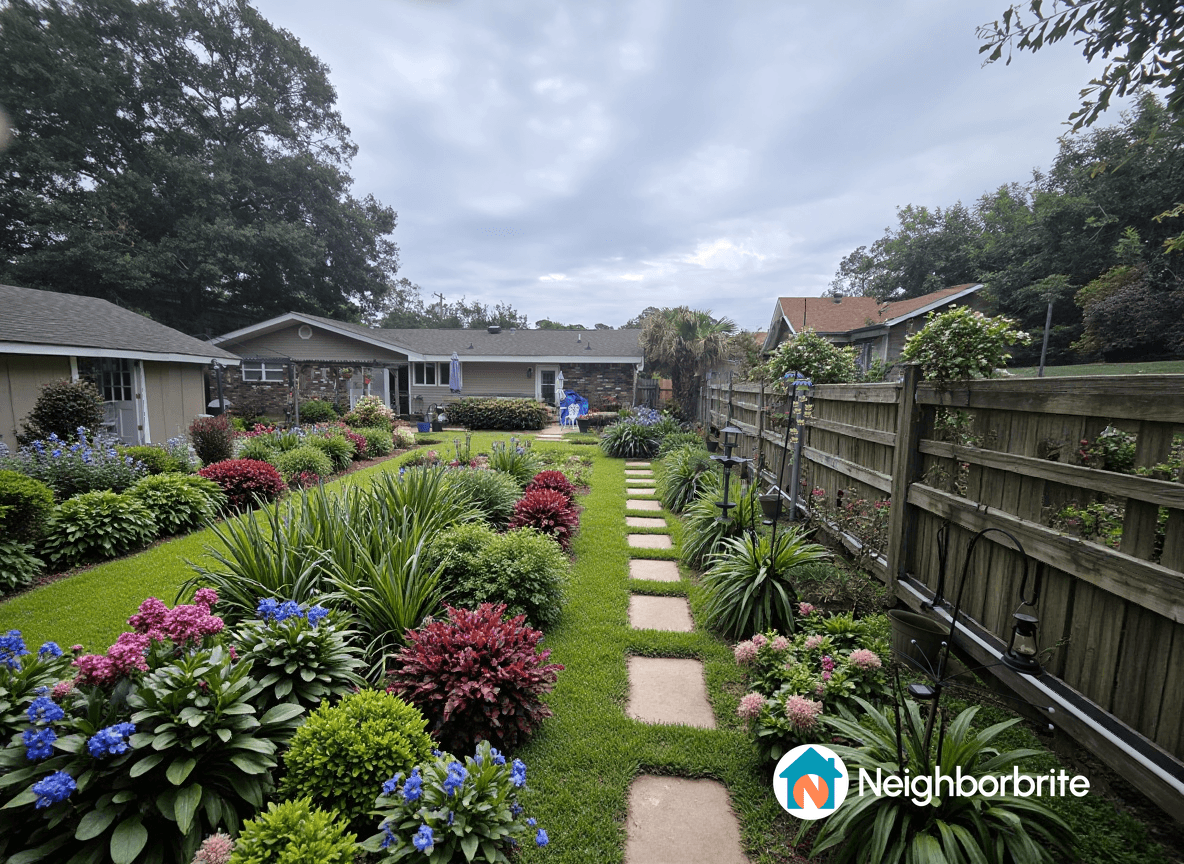 A vibrant garden with various plants and a pathway.