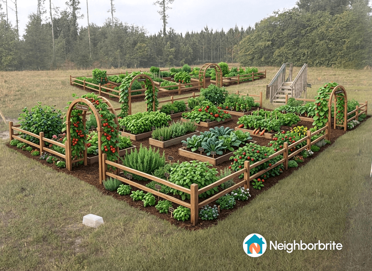 A vibrant garden layout with various plants and wooden arches.