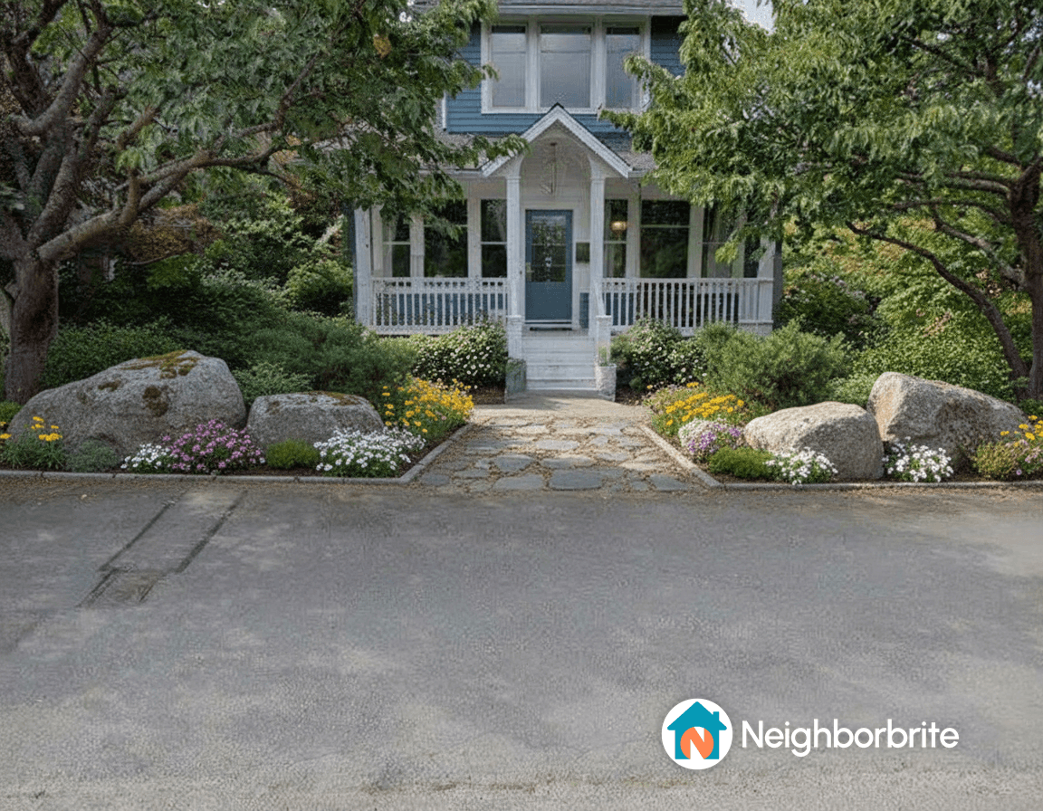 Front yard design featuring rocks and colorful flowers.