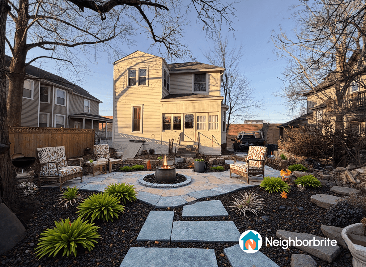 Backyard with seating area, fire pit, and landscaping.