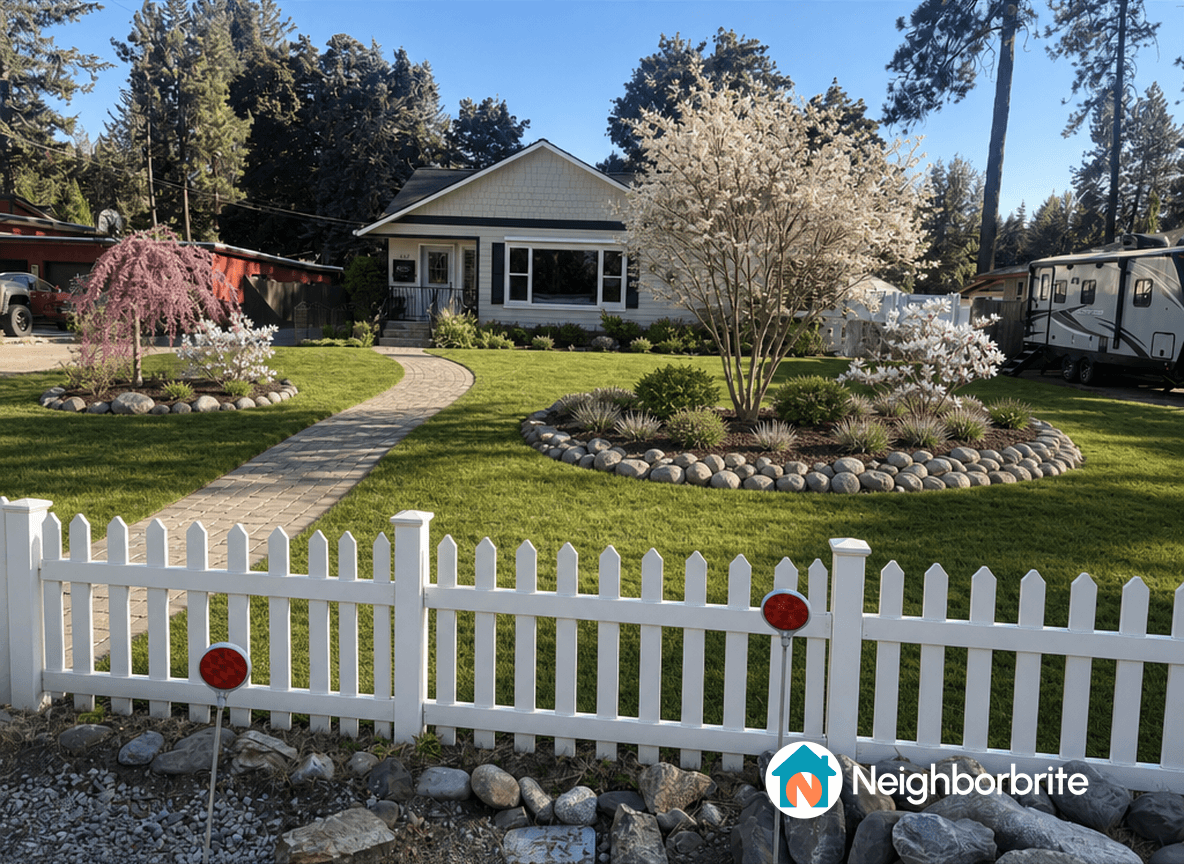 A front yard with a pathway, weeping cherry, and flower beds.