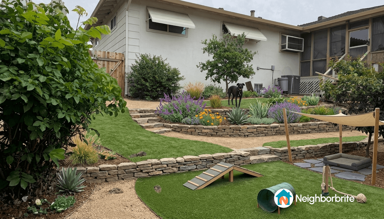 A landscaped yard with various plants, pathways, and a dog.
