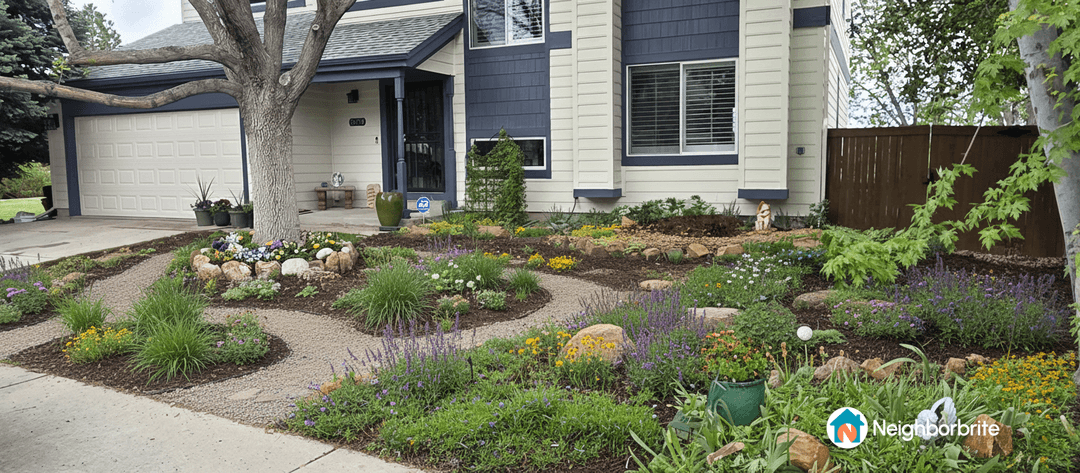 A beautifully landscaped yard with colorful flowers and pathways.