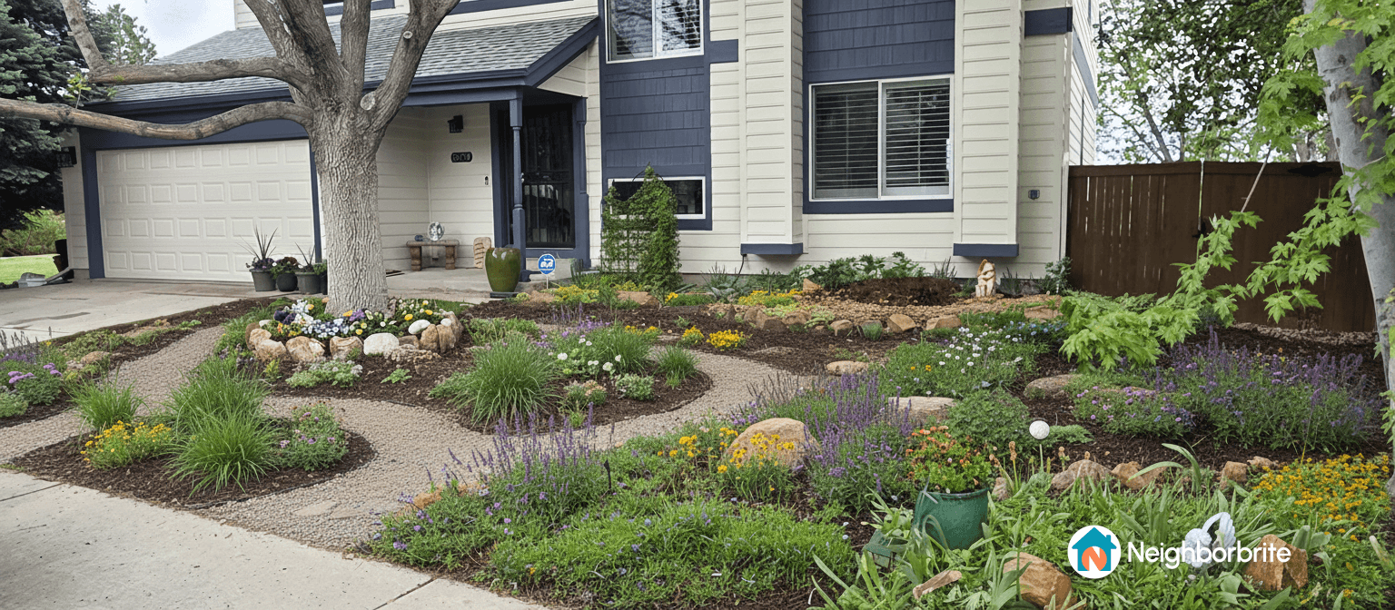 A beautifully landscaped yard with colorful flowers and pathways.