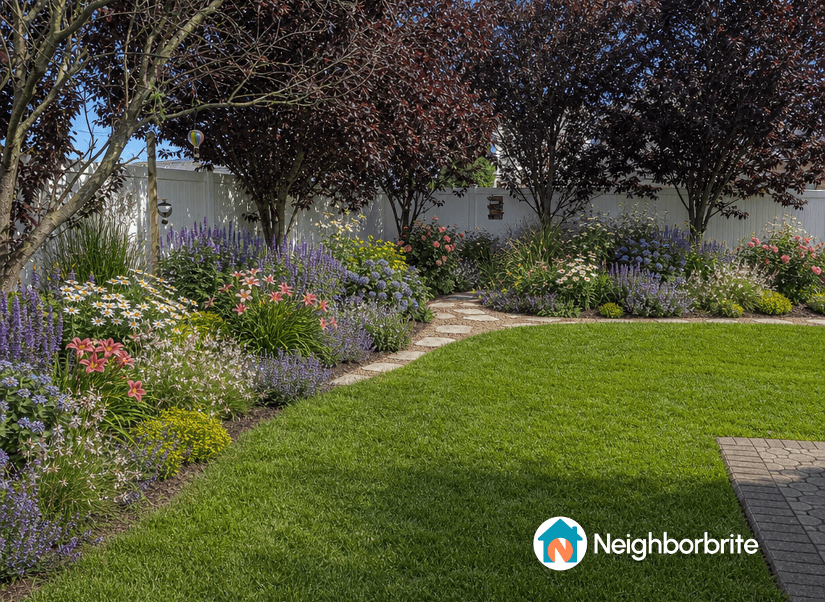 Colorful garden with flowers and stone pathway in a yard.