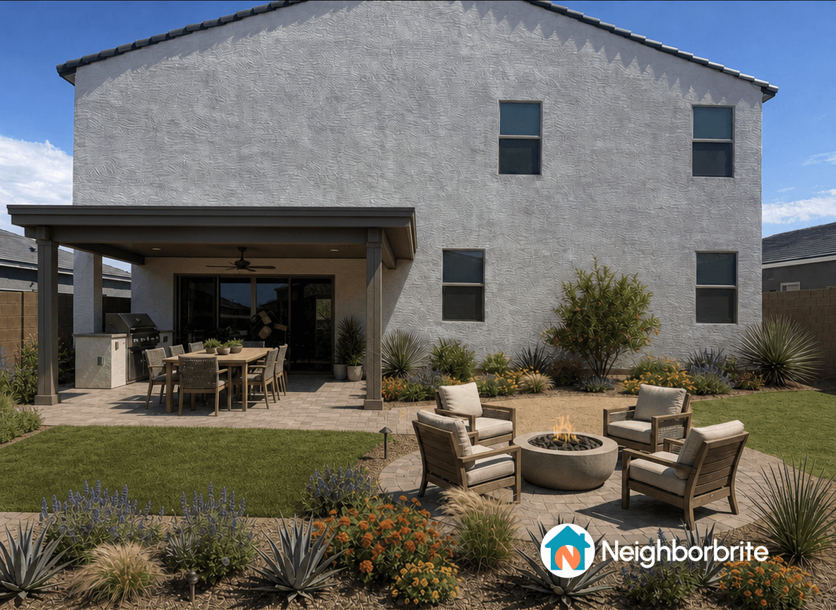 A backyard with seating area, fire pit, and dining space.