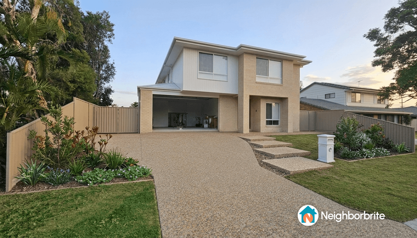 A modern home with garden beds and a driveway, showing proposed plant additions and pathway layout.