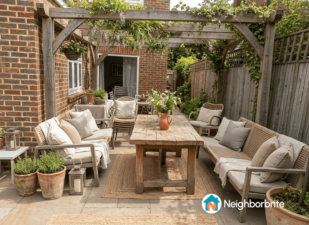 A cozy outdoor seating area with a wooden pergola and plants.