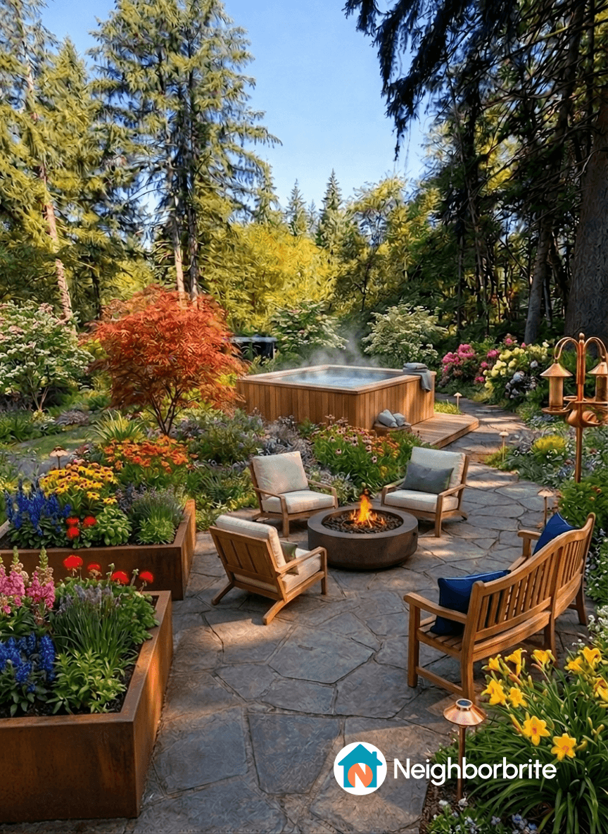 Beautiful backyard with flowers, seating, and a hot tub.
