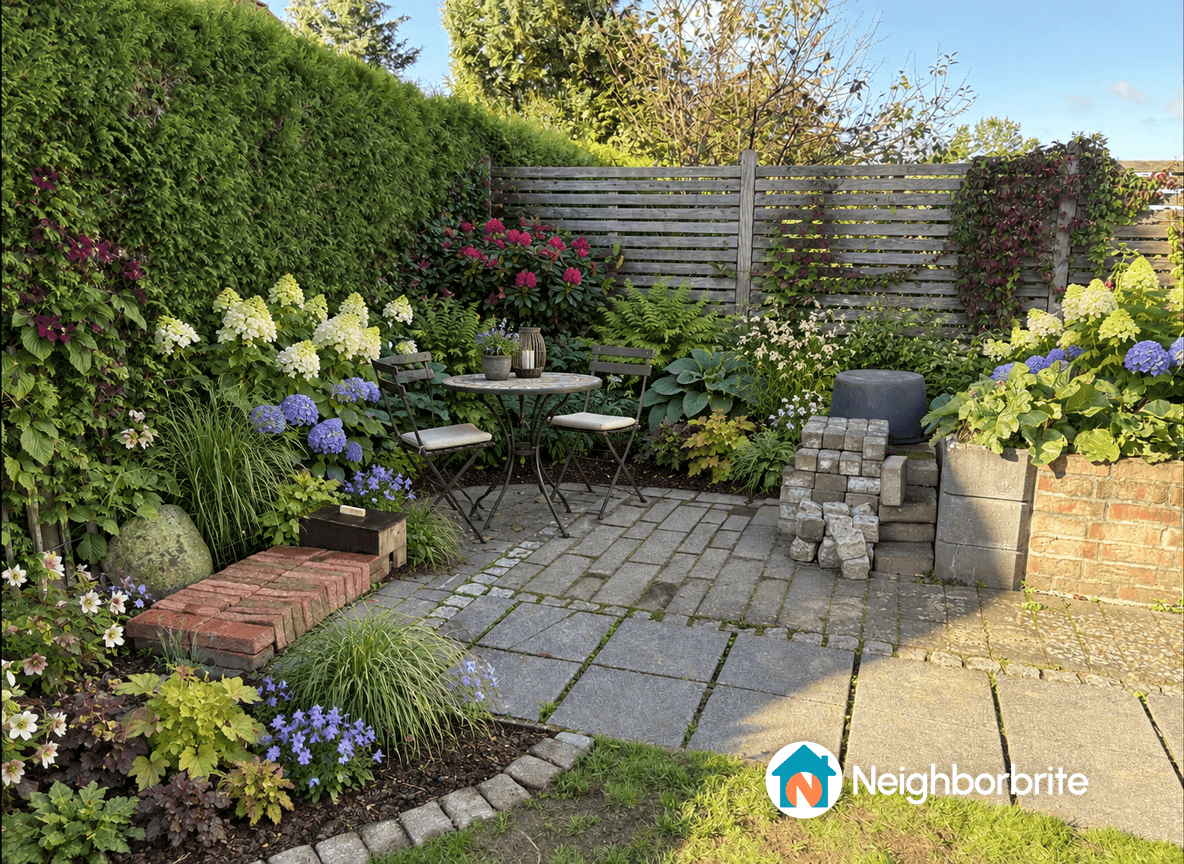 Ein schöner Garten mit Blumen und einem Tisch, Steine sollen entfernt werden.