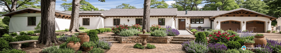 A beautiful home with lush landscaping and a circular driveway.