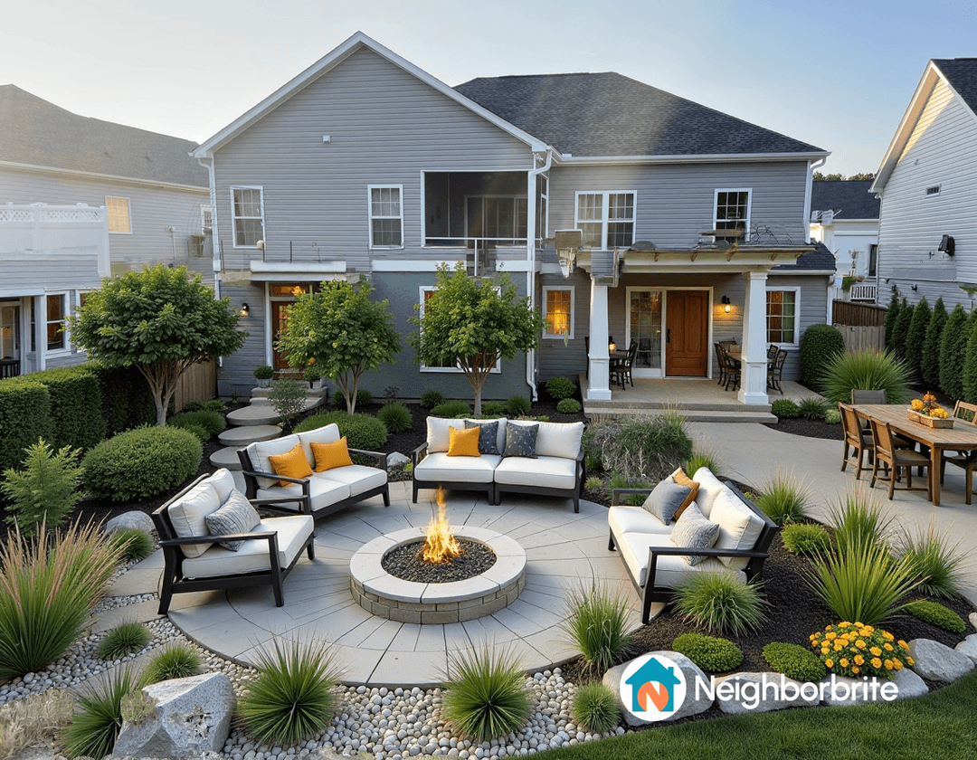 A backyard with seating, fire pit, and landscaping, ideal for gardening ideas.