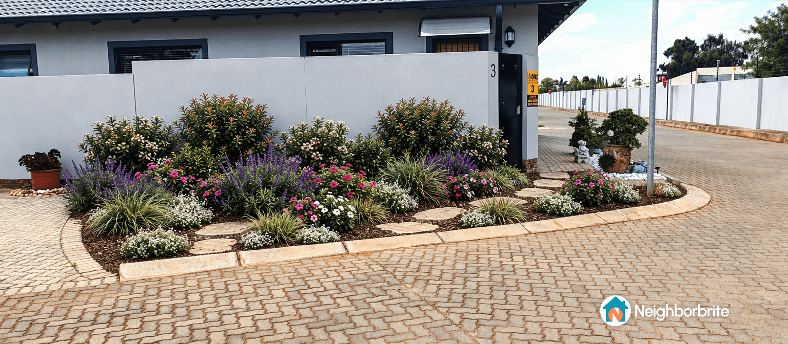Colorful garden with flowers and plants at unit 3 entrance.