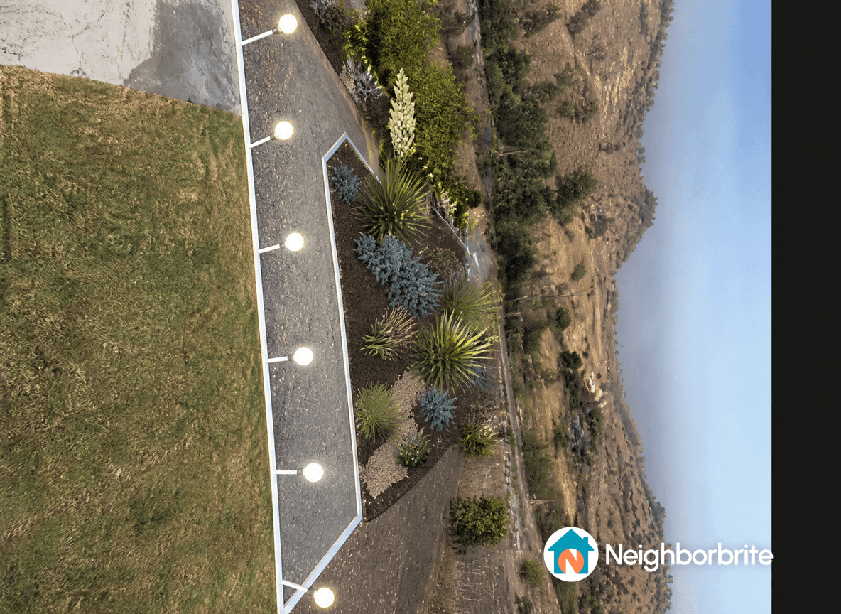 Collage of villa angles with landscaping ideas for a water pond, seating area, and fruit trees.