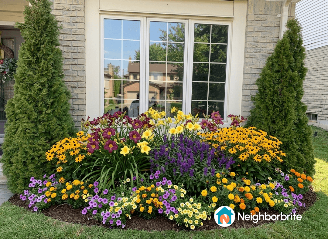 Colorful flower bed with various blooms in front of a house.