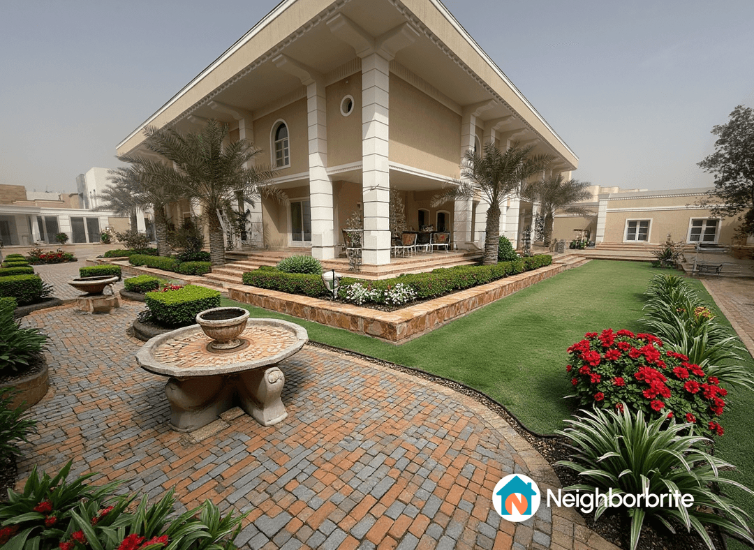 Luxurious Mediterranean-style villa with landscaped garden and fountain.