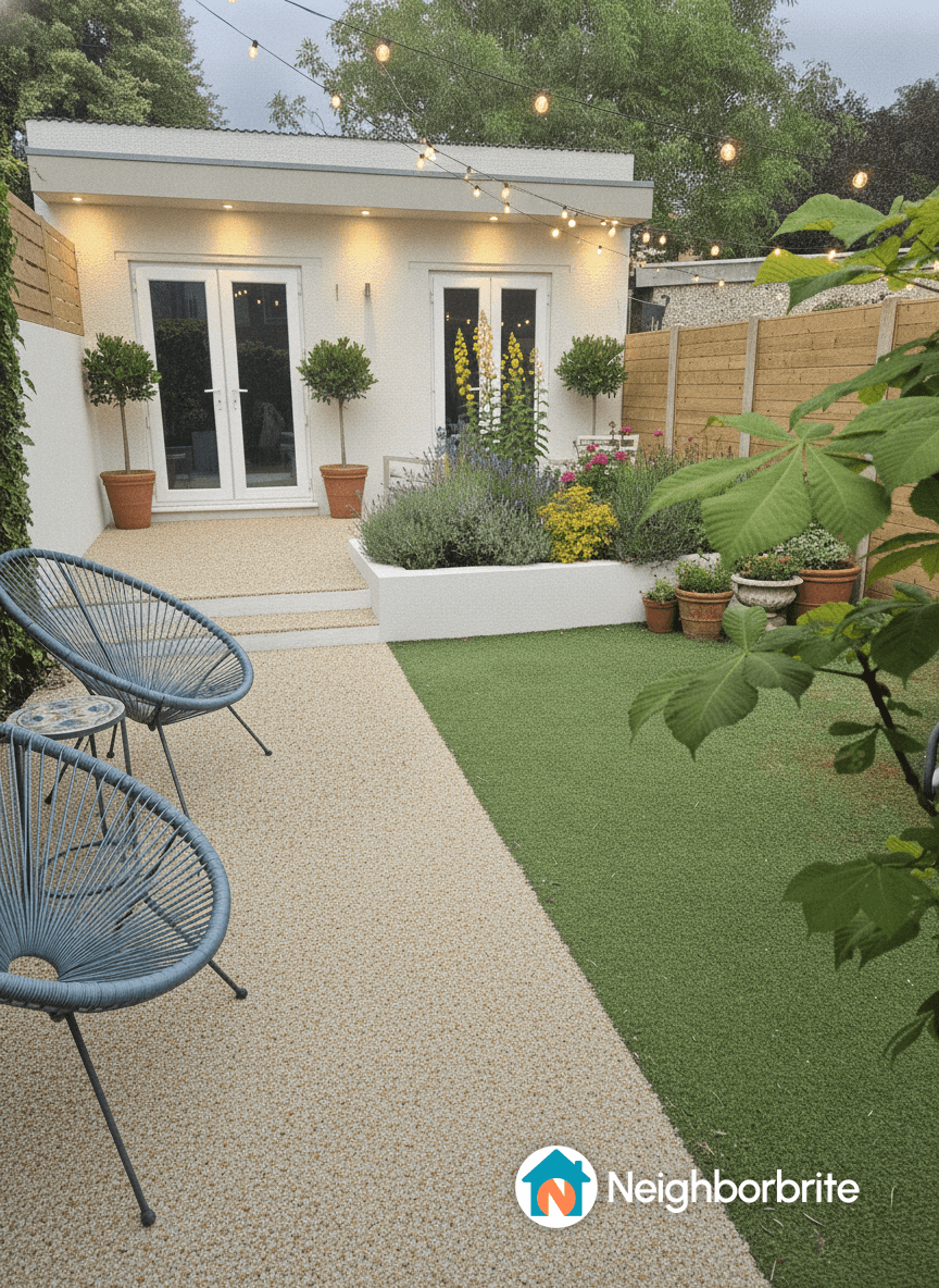 A garden with a pathway, potted plants, and string lights.