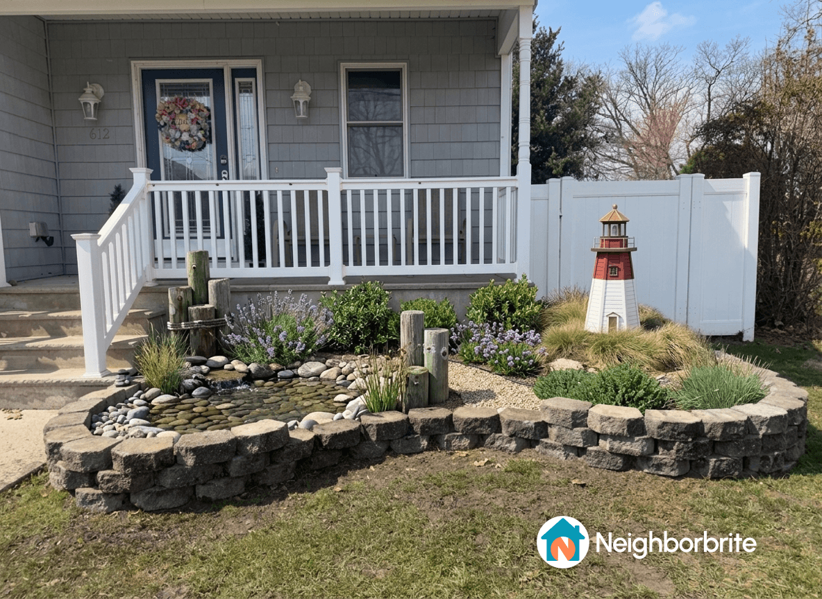 A front yard with a lighthouse, water feature, and plants for a beach-inspired look.