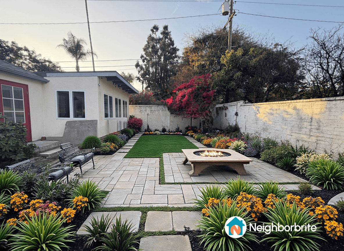 A landscaped yard with colorful flowers, grass, and a fire pit.