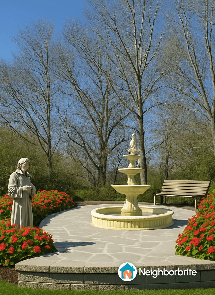 A serene garden featuring a fountain, statue, and vibrant flowers.