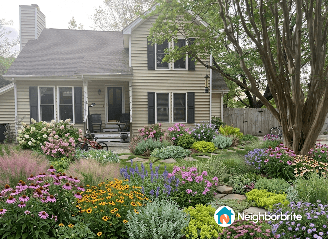 Colorful flower garden in front of a house with a bike.