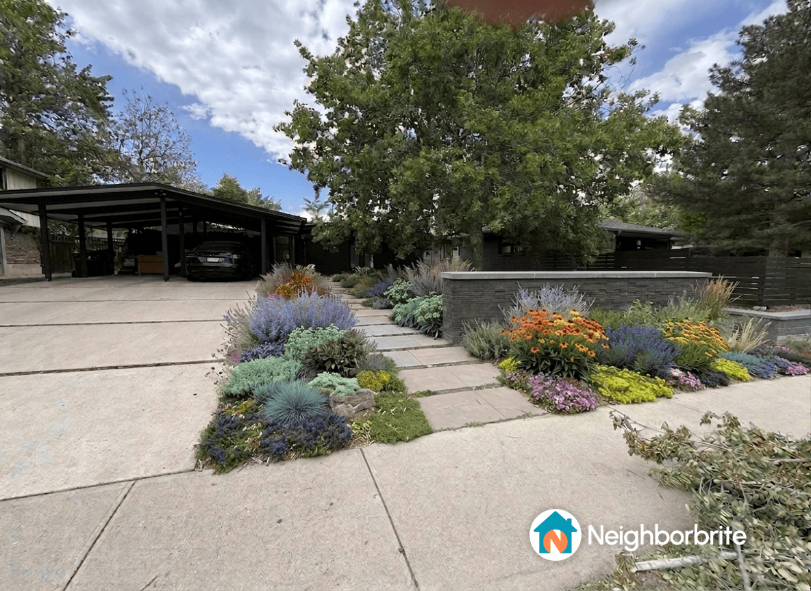 A colorful garden with various flowers and plants in a modern landscape design.