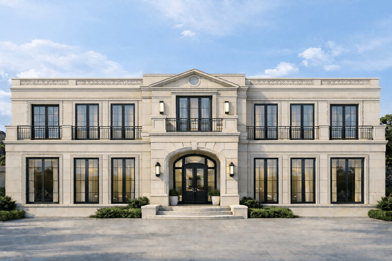 A beautiful home exterior with large windows and elegant architecture.
