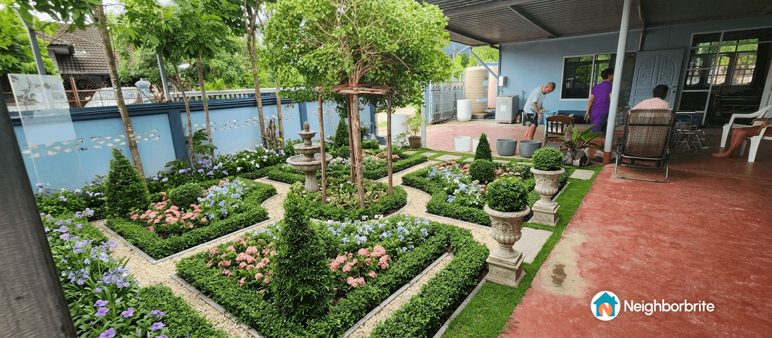 A well-designed garden with flowers, shrubs, and a fountain.