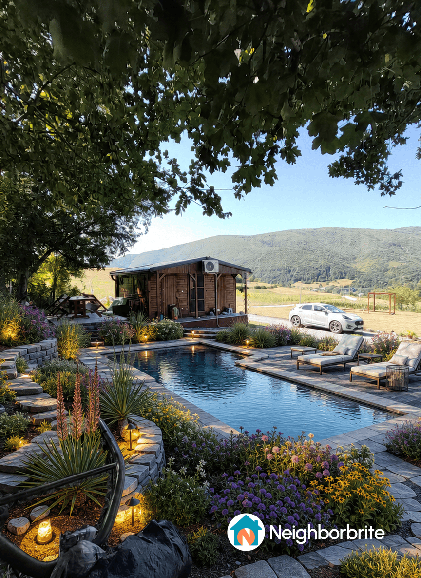 A beautiful yard with a pool, flowers, and a wooden structure.