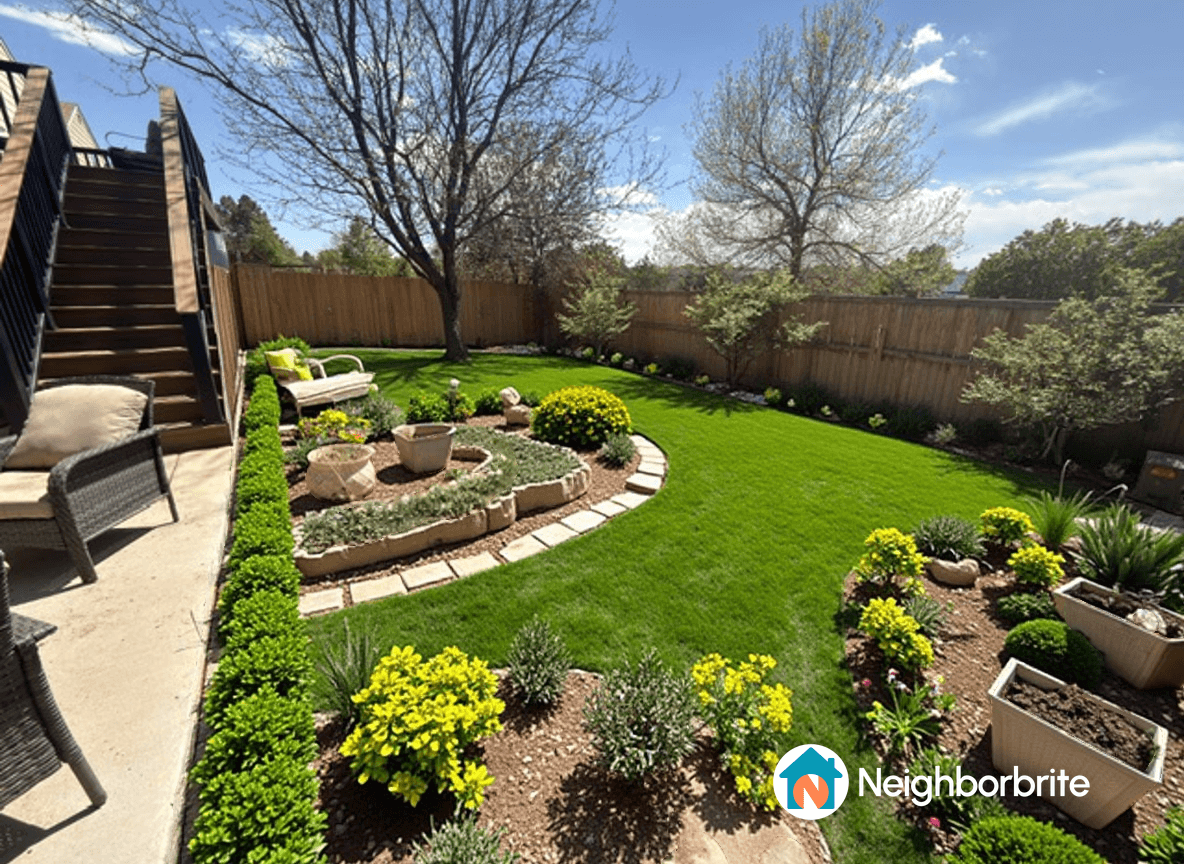 A well-maintained yard with a circular garden, seating area, and vibrant flowers.