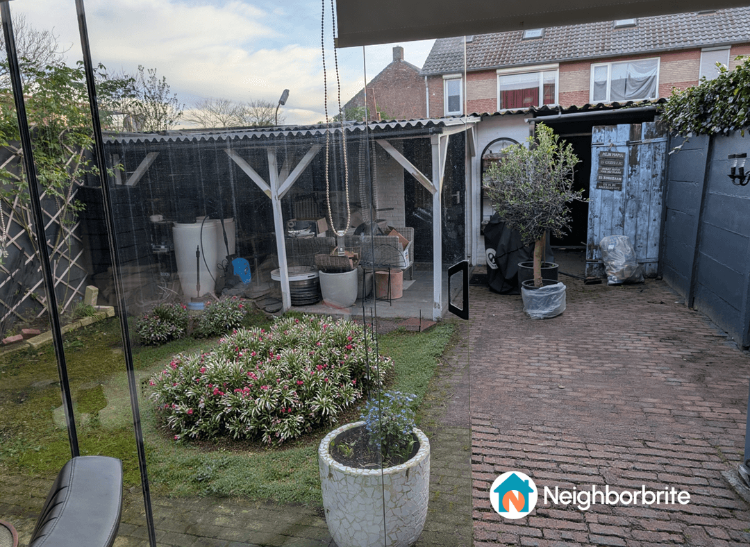 A backyard with flowers, plants, and a shed, aiming for a Mediterranean style.