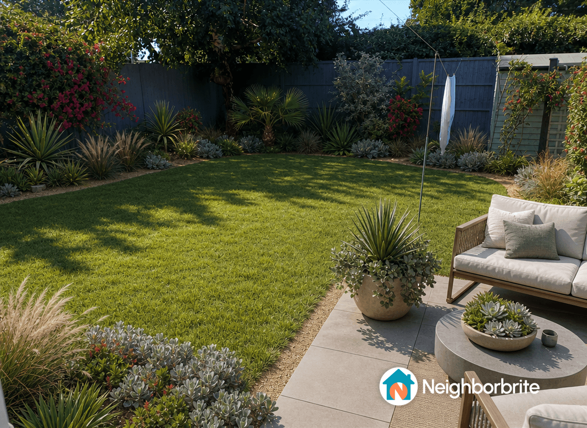 A well-designed backyard with grass, plants, and seating area.
