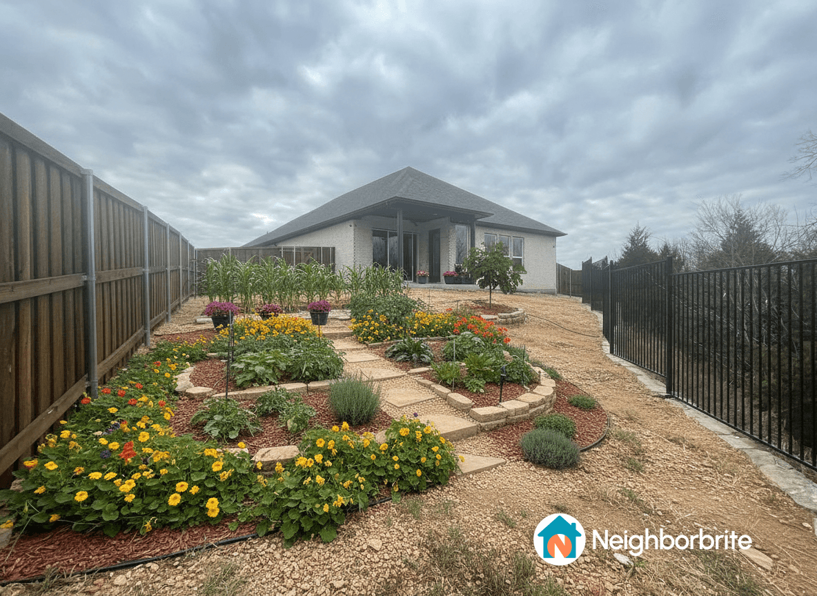 A garden with flowers, vegetables, and a proposed firepit area.