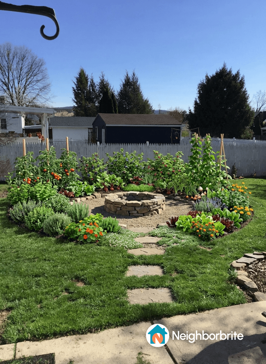 A vibrant garden with a stone fire pit and various plants.