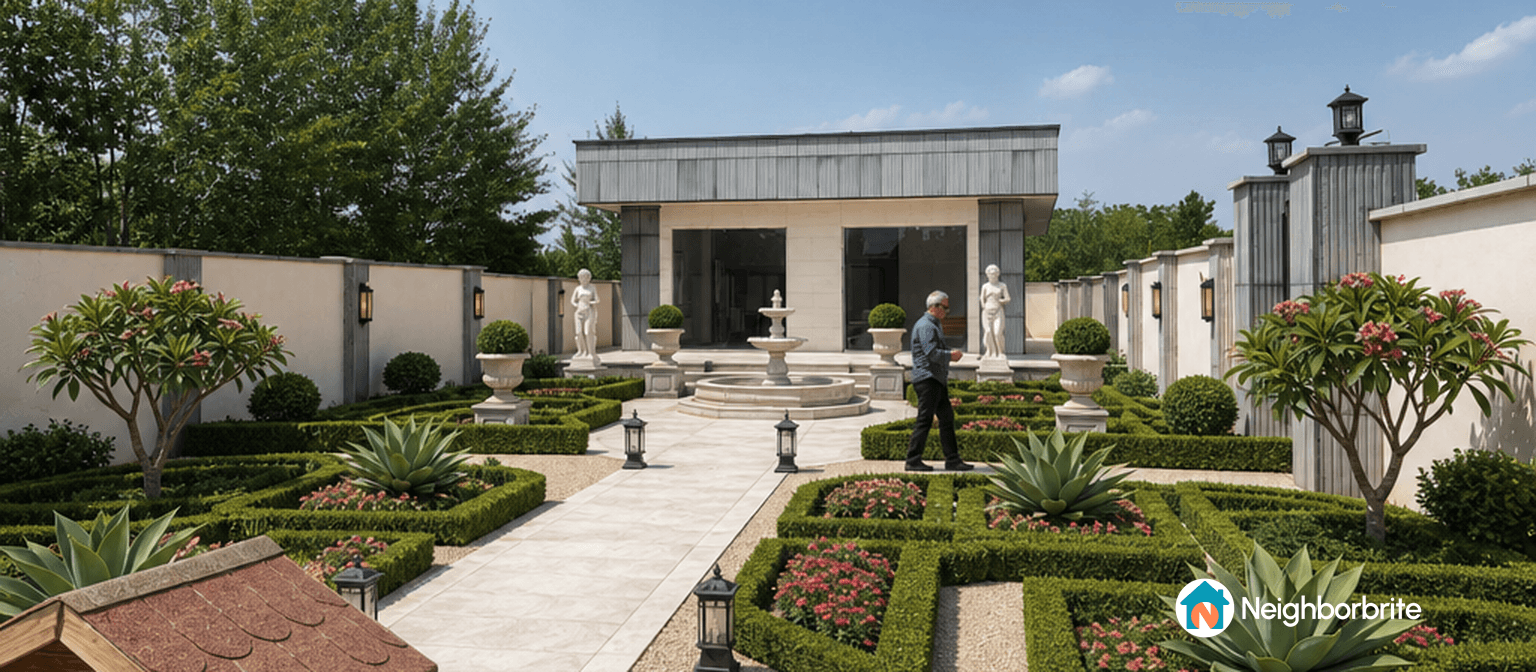A beautifully designed garden featuring symmetry, plants, and a fountain.
