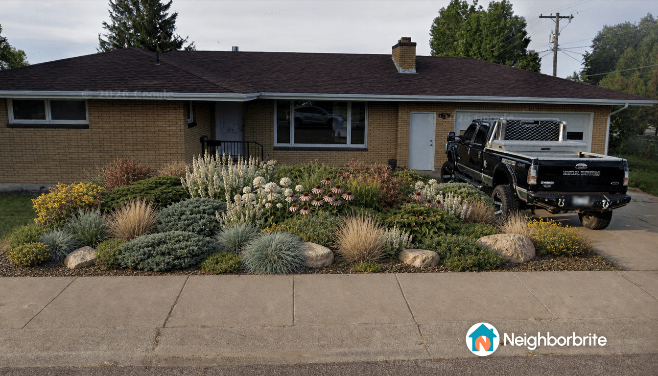 A landscaped front yard with various plants and a truck parked nearby.