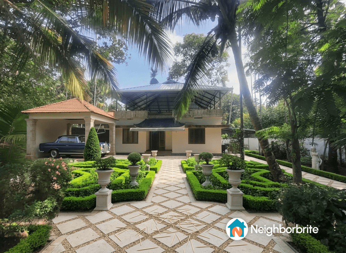 A landscaped yard with a request to remove all plants from the center.