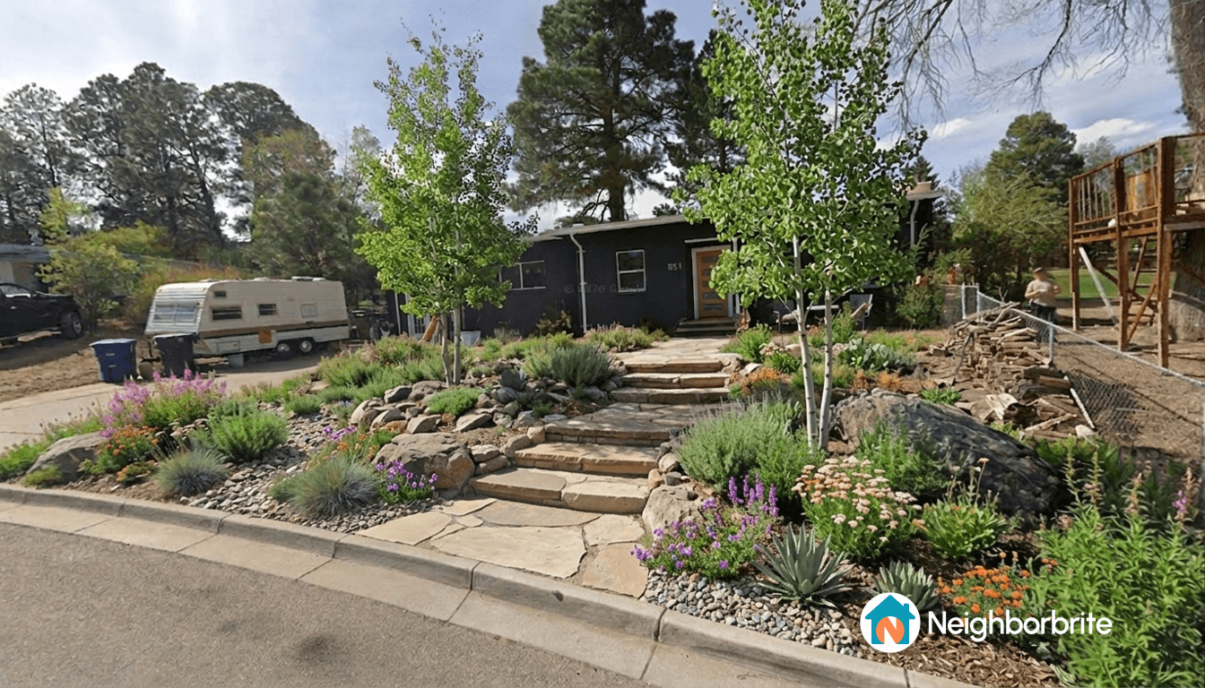 A landscaped yard featuring drought-tolerant plants and stone pathways.