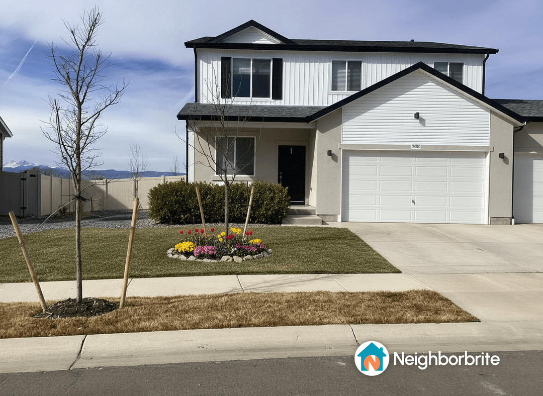 Front yard with a flower bed and lawn, seeking ideas for a new flower bed.