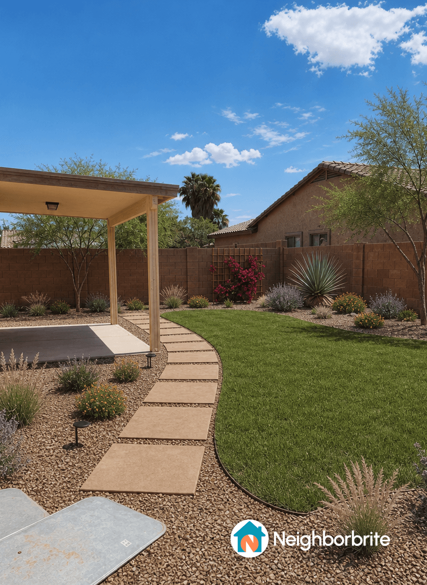 A landscaped yard with a pathway, grass, and plants.