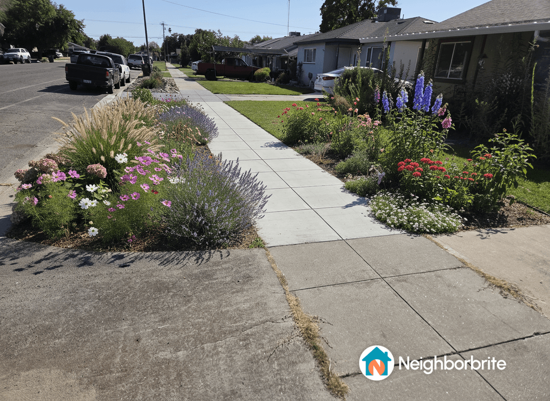 Colorful garden featuring yarrow, creeping thyme, and flowers along a sidewalk.