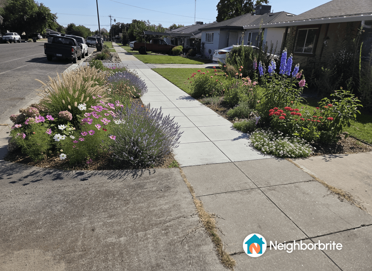 Colorful garden featuring yarrow, creeping thyme, and flowers along a sidewalk.