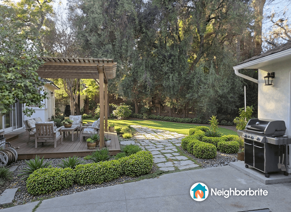 Yard with patio, greenery, and a barbecue grill on the right.