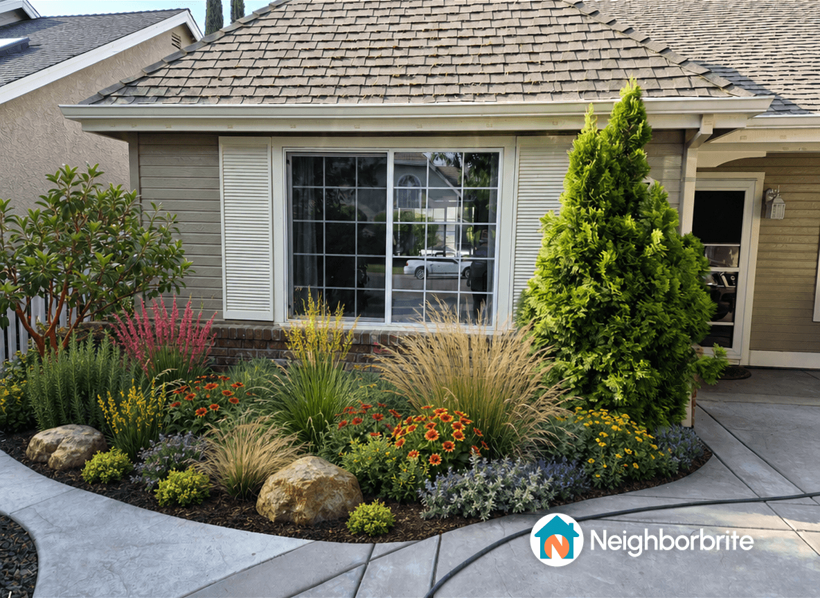 Vibrant front yard garden with colorful flowers and greenery.