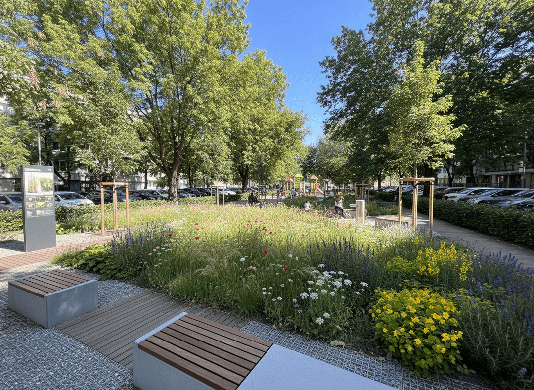 A vibrant park with diverse flowers, trees, and play areas.