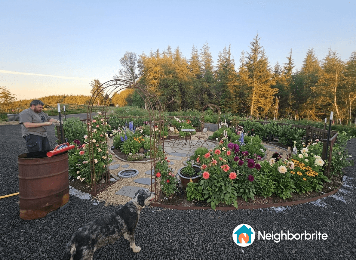 A garden with flowers, a man working, and a dog nearby.