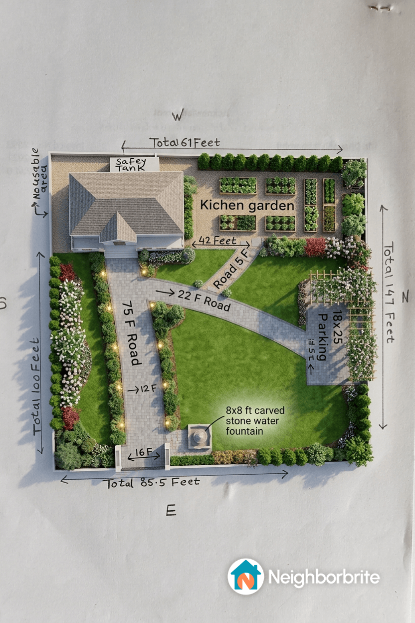 A layout of a landscaped yard featuring a kitchen garden, parking, and a stone water fountain.