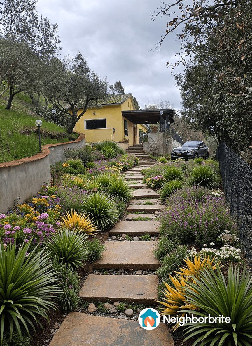 A landscaped pathway with stone steps and colorful flowers leading to a house.